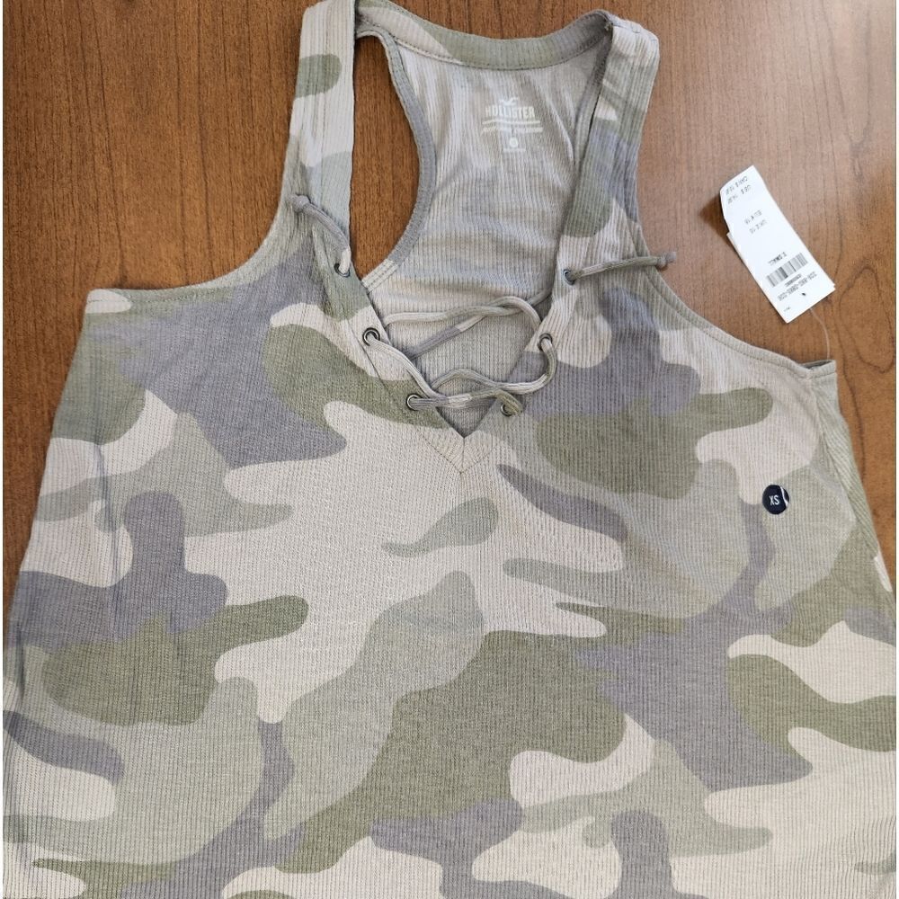 NWT Hollister xsmall camouflage tank top. Raserback tank with lace up v neck.